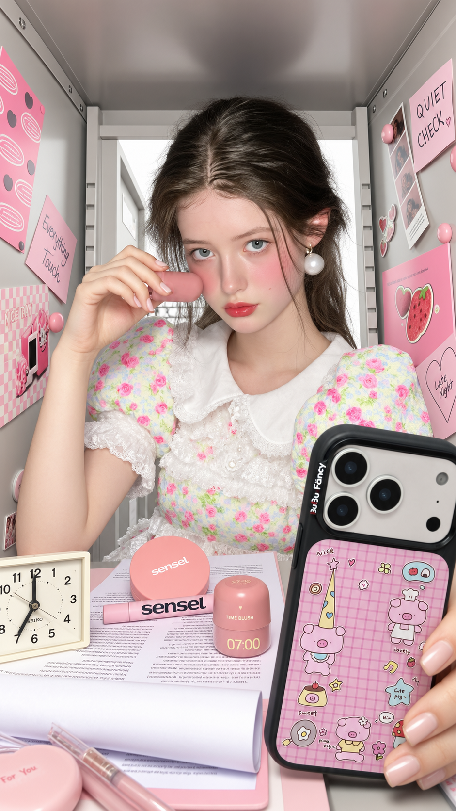 A woman in a pink everyday scene showing a BUBUFANCY phone case