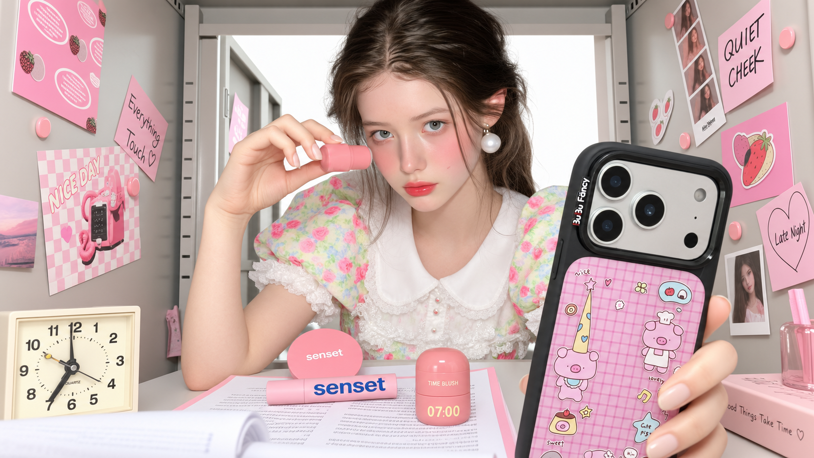 A woman in a pink everyday scene showing a BUBUFANCY phone case